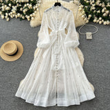 French Standing Collar Nails Drilled Full Of Star Buckle Lantern Sleeves Tied With Waist Temperament Dress Famous Party Dress Dress