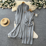 Cincupies Senior Sense Loose External Medium And Long Knitted Cardigan Jacket + Sleeveless Metal Buckle Joint Skirt