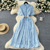 2025 Summer Women's Dress Small High-End Embroidery Single Buckle Waist Elegant Knee Long Skirt