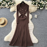 Small Fragrant High-End Feel Fashionable Doll Collar Long Sleeve Metal Buckle Waist Knitted Dress Women Autumn Slim Dress