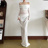 Spring 2025 New Women's Temperament Sexy Shoulder Mesh Perspective Long Dress Dress Woman