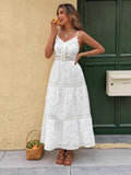 2025 Women's New Sling INS Hot V-Neck White Hollow Escium Embroidery Dress