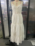 2025 Women's New Sling INS Hot V-Neck White Hollow Escium Embroidery Dress