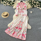 Court-Style Dress Dress Woman 2025 New French Waist Bubble Sleeve Print Top High Waist Swing Long Skirt