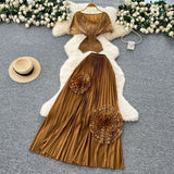 Three-House Folded Two Sets Of Women's Waist Repair Short Sleeve Pressure Folded Blouse Flowers High Waist 100 Folds Skirt