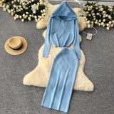 Autumn And Winter Casual Suit Female Fashion Hot Diamond Hooded Zip Open Shirt Sweater Jacket Knitted Hip Half-Dress