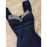 Blue Lace Stitched Knitted Sling Vest Dress Women's New Retro Ass Skirt