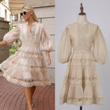 Solid-Color Dress Eugen Yarn Half-Open Lantern Sleeve Middle Sleeve Dress Lace Lace To Receive Waist Skirt