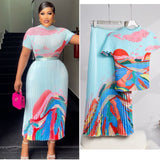 Miyaji Fashion Set Women's Summer French High-Grade Folding Print Short-Sleeved Top + Loose A Word 100-Fold Long Skirt