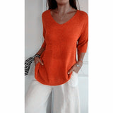 Knitted Casual Sweater Basic Thin V-Neck Seven-Sleeve Solid Female Bottoming Shirt Ice Cream Color
