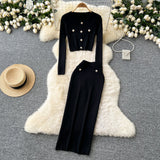 Small Fragrant High-Sense Metal Buckle Repair Short Long-Sleeved Knitting Top Female High-Waisted Hip Skirt Two