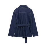 Spring 2025 New Women's Belt Denim Jacket + Straight Trousers Set