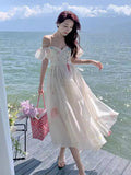 French One-Word Shoulder-Sling Sling Dress Woman Gentle Wind Chopped Flower Bubble Sleeve Yarn Fairy Dress 1956