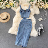 Hong Kong Style In Women's Clothing Set 2025 New Female Sense Short Sling Vest High-Waisted Denim Skirt Tide