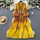 High-End Elegant Dress Women Fashion Nail Ball Collar Hollow Pressure Folding Lantern Sleeves To Print Long Skirt