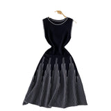 Simple Sleeveless Round-Necked Striped Knitted Dress Women's Summer Waist Design Small Fairy Mid-Long Dress