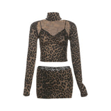 2025 Autumn Women's New Sexy Hot Babes Leopard Print Tops Lace Splicing Skirt Dress Suit Woman