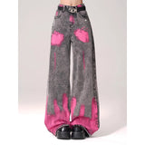 High Street Graffiti-Print Straight Jeans Women High-Rise Thin Legs Loose-Fall Tug On The Ground Long Pants Tide