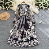 Court Retro Design Cross V-Neck Yarn Lantern Sleeve Strap To The Belt Print Big Swing Ponve Dress