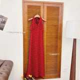 2025 Spring And Summer French Vintage Sweetheart V-Neck Red Wave Point Hanging Neck Dress With Vestȹ