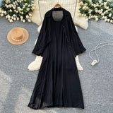 Lazy Wind Leisure Two Sets Of Women Loose Outside Thin Long-Sleeved Shirt Cover Skinny Sling Dress