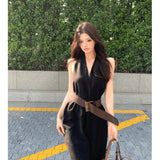 French Babes Black V-Neck Hanging Neck Dress Femininity Summer Temperament Fascination Thin Sleeveless Temperament A-Character Dress
