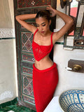 Summer 2025 Women's Explosive Sexy Knitted Short Sling Tape Open Umbilly Skirt Set