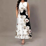 Spring And Summer Explosion Print Slings Large-Size Dress Flower Pocket Necking A-Character Dress Women's Clothing