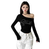 Fashion 2025 New Women's Clothing Sexy Hot Girl Slanted Shoulder Hot Diamond Body Slim Thin Irregular Top Woman