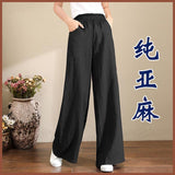 Pure Linen Large-Size Broad Leg Trousers Women's Rope Loose Waist Cotton Spring And Summer Women's Trousers Loose Cotton Thighs Summer