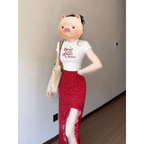 Korean Shoulder Short-Sleeved T-Shirt Crumm Skirt Suit Women's Summer New High-End Temperament Sweet Two-Set
