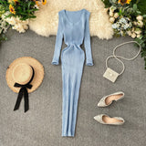 Dress Women's Autumn And Winter 2025 New Korean Version Of Simple Solid Color Long Sleeves Tight Waist Thin Knit Long Dress