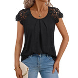 2025 Summer Women's New Women's Lace Sleeve Top Short-Sleeved Round-Neck Loose T-Shirt