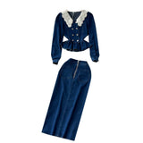 Spring New Retro Suit Female Lace Doll-Collar Denim Jacket + Medium And Long Bag Hip Skirt Two-Piece
