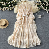 French Court Retro Elegant Dress Women's Collar Horn Sleeves To Close Single Buckle Lace Splicing Large Swing Dress