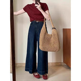 Hong Kong Wind Dark Blue High-Waisted Horn Nine-Point Jeans Women 2025 Autumn Small Loose Thin Broad Leg Pants