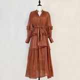 Elegant Temperament Dress 2025 New V-Neck Lantern Sleeves Folded Long Silk Dress Dress
