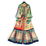High-Grade Printed Dress Woman 2025 Spring Strap To Cover Collar Long Sleeve Single Row Buckle Folding Skirt