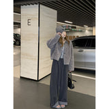 Grey Curly-Sided Striped Grinding Hair High Waist Broad Leg Slacks Women Autumn And Winter New Design With Straight Trousers
