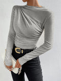 2025 Solid Color Trim Bottom Shirt Folding Design Long-Sleeved T-Shirt Lady Top