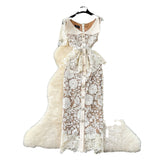 High-End Small Scented Dress Female Elegant Diamond Buckle Clame Collar Short-Sleeved Hollow Lace Dress