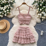 Sweet Dress With Women's Summer Chic Gentle Wind Tie Sling Sling Small Vest + High Waist Folded Lotus Side Half Skirt
