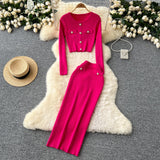 Small Fragrant High-Sense Metal Buckle Repair Short Long-Sleeved Knitting Top Female High-Waisted Hip Skirt Two