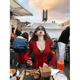 Red Sexy Pure Desire V Collar Knitted Shirt Girl Autumn New Hottie Temperament Lace With Long-Sleeved Top
