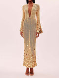 Spring/Summer 2025 New Temperament V-Necked Liangs Sleeve Knitted Long Dress