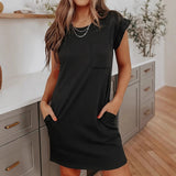 Wish Summer Large-Size Burst Solid Color With Pocket Casual Round Collar Dress Woman