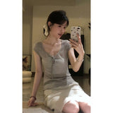Summer New French Temperament V-Neck Collar Slim Thin Top Design High Waist Half-Dress