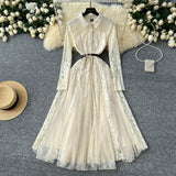 French Retro Elegant Dress Women Winter High Hook Lace Splicing Mesh Yarn Irregular Knee Dress