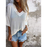 Special For The New T-Shirt Women's Hollow Long-Sleeved Knitted Shirt Languid Style Design V Collar Sunscreen Sexy Wind