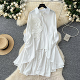 Korean Version Of High-End Sense Polo Collar Shirt Women Autumn Three-Dimensional Flowers Loose Irregular Folding Tail Design Top